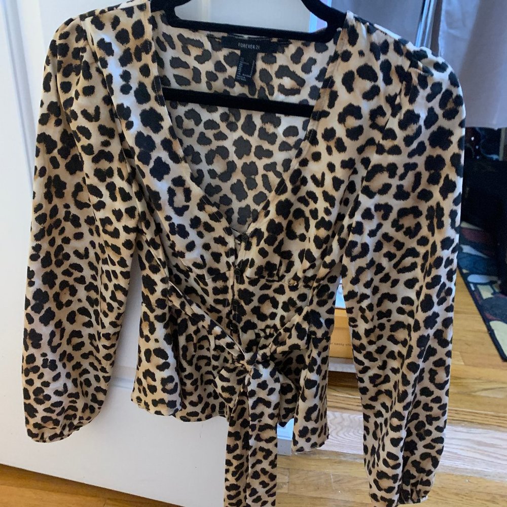 Cheetah Long Sleeve Blouse Tie Waist Button V-Neck